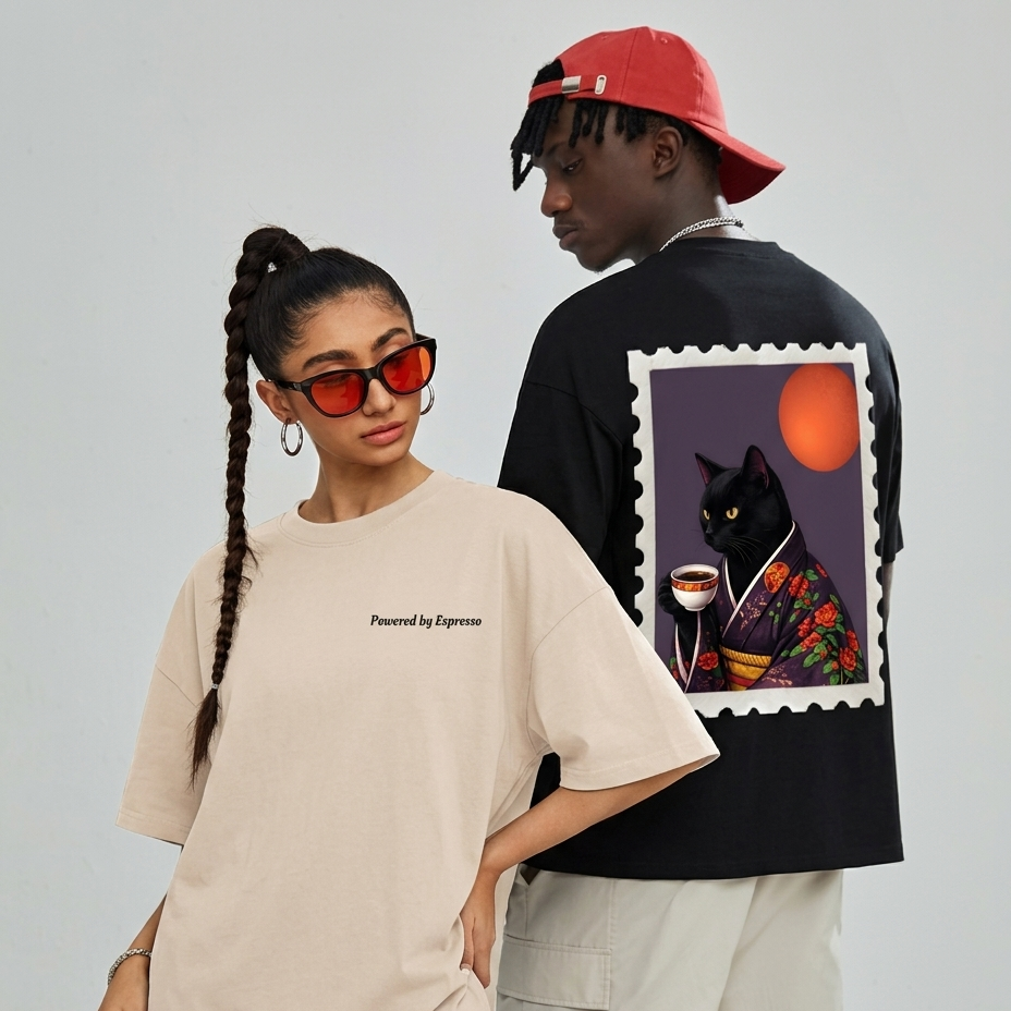 Powered by Espresso – Cat Lover Unisex Oversized T-Shirt 100% Cotton Graphic Tee | Drop Shoulder Aesthetic Streetwear