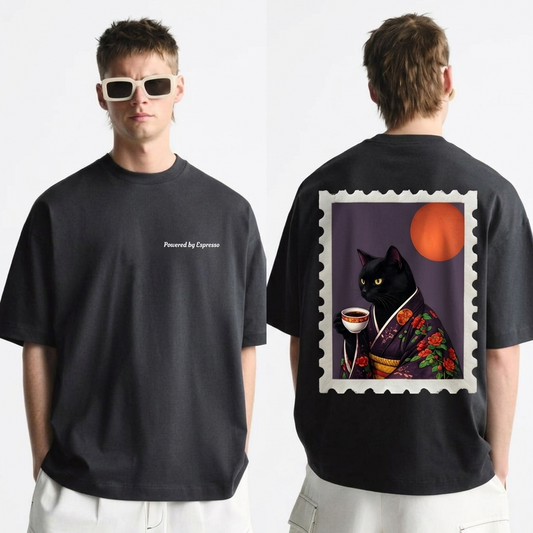 Powered by Espresso – Cat Lover Unisex Oversized T-Shirt 100% Cotton Graphic Tee | Drop Shoulder Aesthetic Streetwear