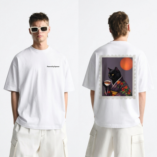 Powered by Espresso – Cat Lover Unisex Oversized T-Shirt 100% Cotton Graphic Tee | Drop Shoulder Aesthetic Streetwear