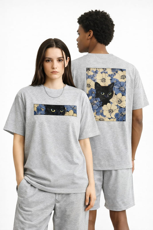 Black Cat Floral Graphic Oversize Unisex T-Shirt - grey