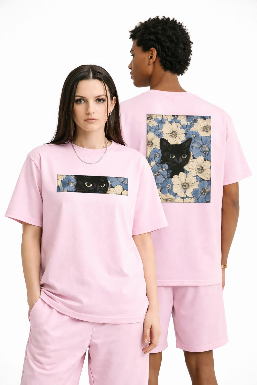 Black Cat Floral Graphic Oversize Unisex T-Shirt - Pink
