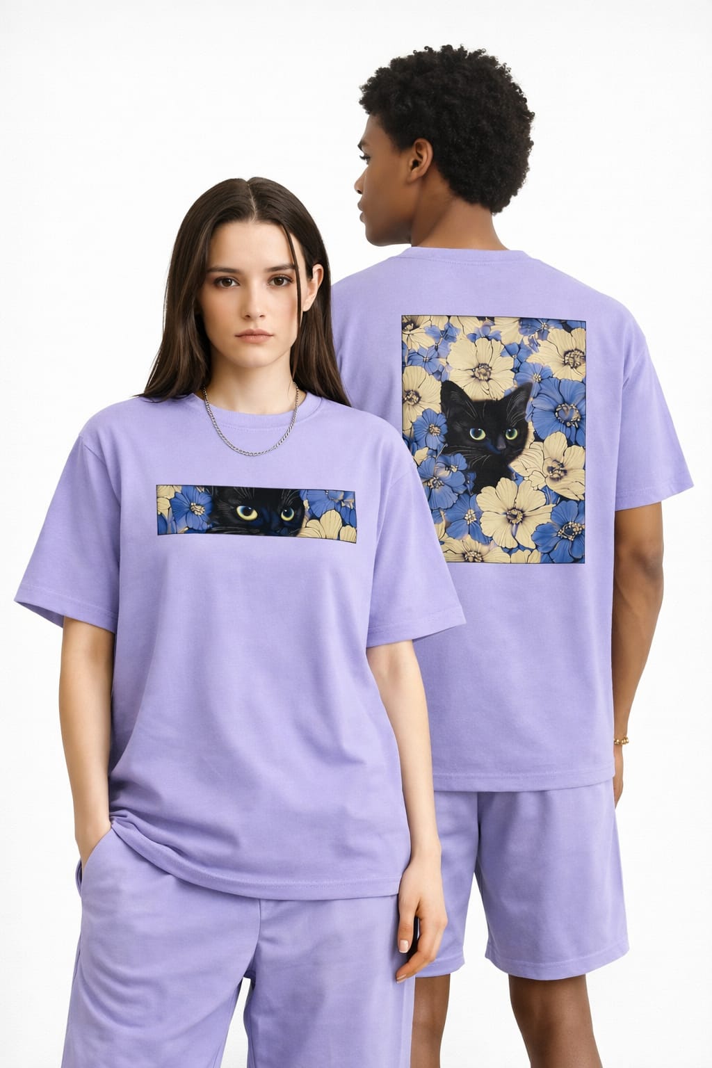 Black Cat Floral Graphic Oversize Unisex T-Shirt - Sky Blue