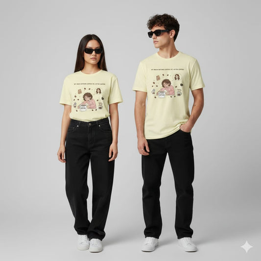 My Brain Before vs. After Coffee – Unisex Half Sleeve T-Shirt (Coffee Lover Edition)