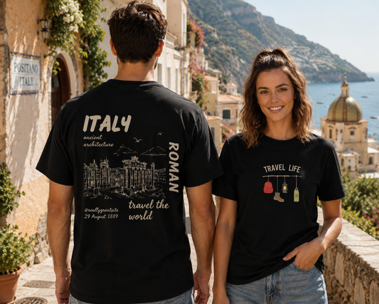 Travel Life Oversized Graphic Printed Unisex T-Shirt | 100% Cotton Casual Front & Back Roman Architecture Travel Tee