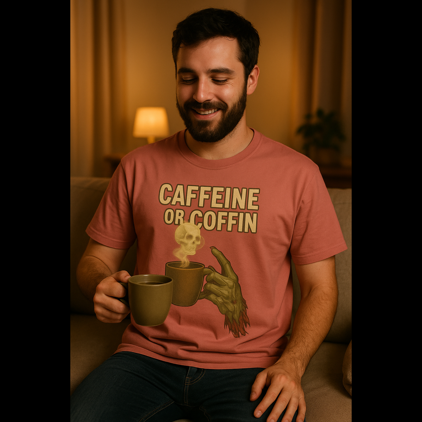 Caffeine or Coffin Premium Oversized T-Shirt | Gothic Horror Coffee Meme | 100% Cotton | Unisex Graphic Tee Description