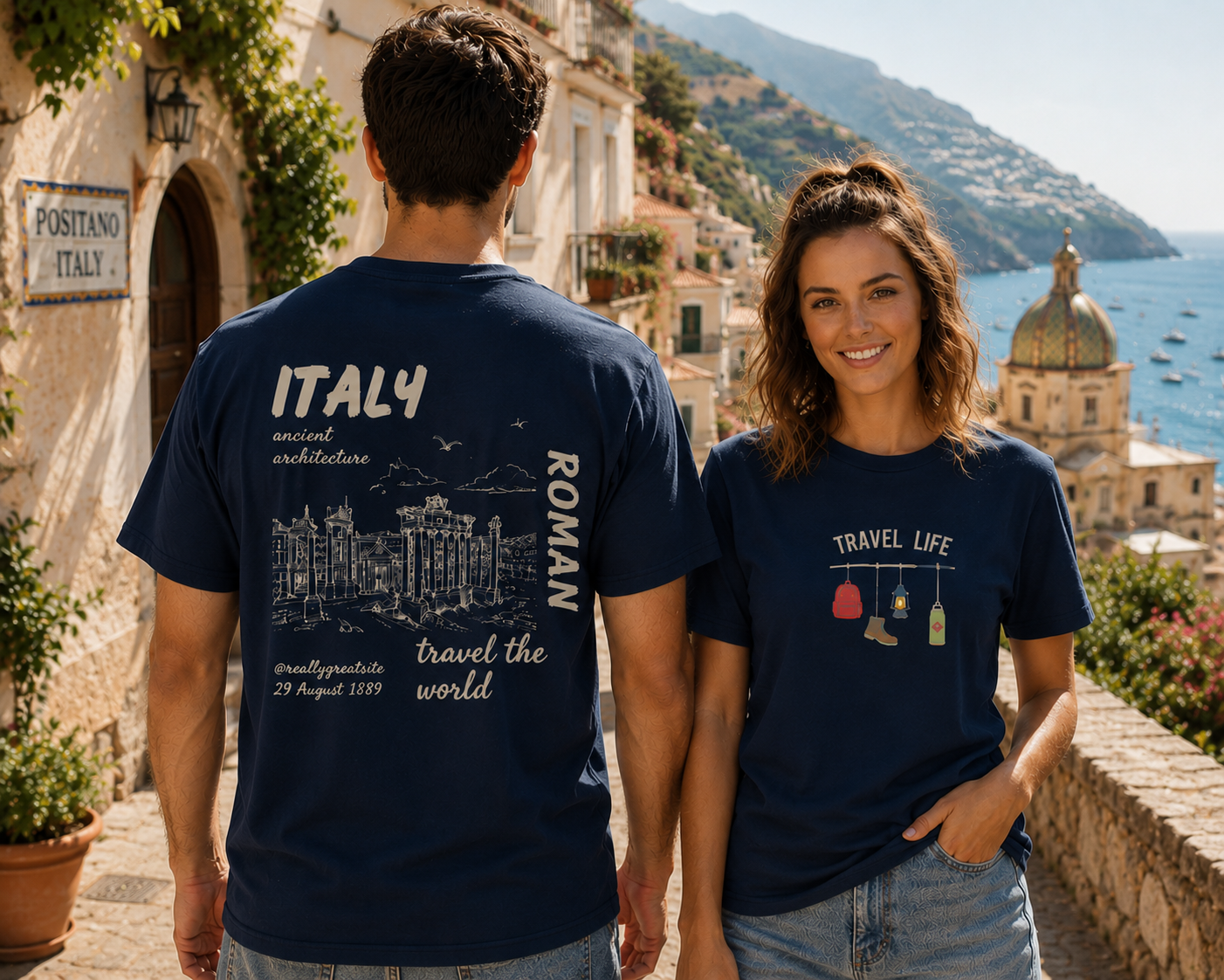 Travel Life Oversized Graphic Printed Unisex T-Shirt | 100% Cotton Casual Front & Back Roman Architecture Travel Tee