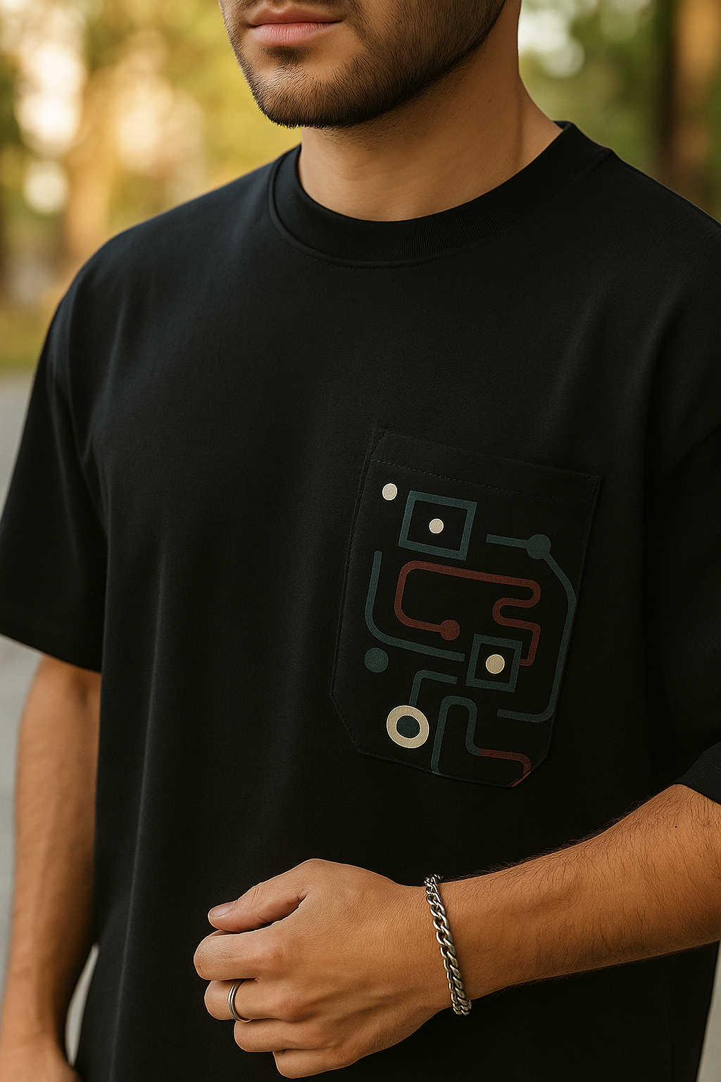 Unleavables Black T-shirt with Geometric and Abstract Print | 100% Cotton, Oversized Fit