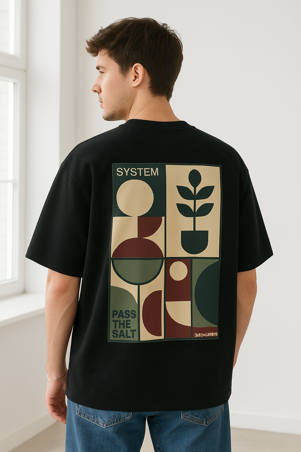 Unleavables Black T-shirt with Geometric and Abstract Print | 100% Cotton, Oversized Fit