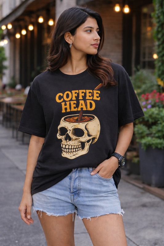 Coffee Head Premium Oversized T-Shirt | Edgy Skull & Caffeine Graphic | 100% Cotton | Unisex Statement Tee