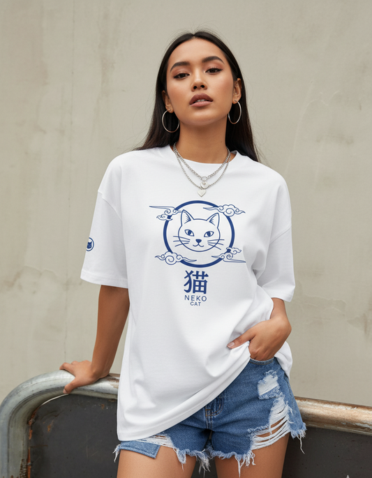 Unleavables Premium Oversized T-Shirt with Neko Cat Print | 100% Cotton