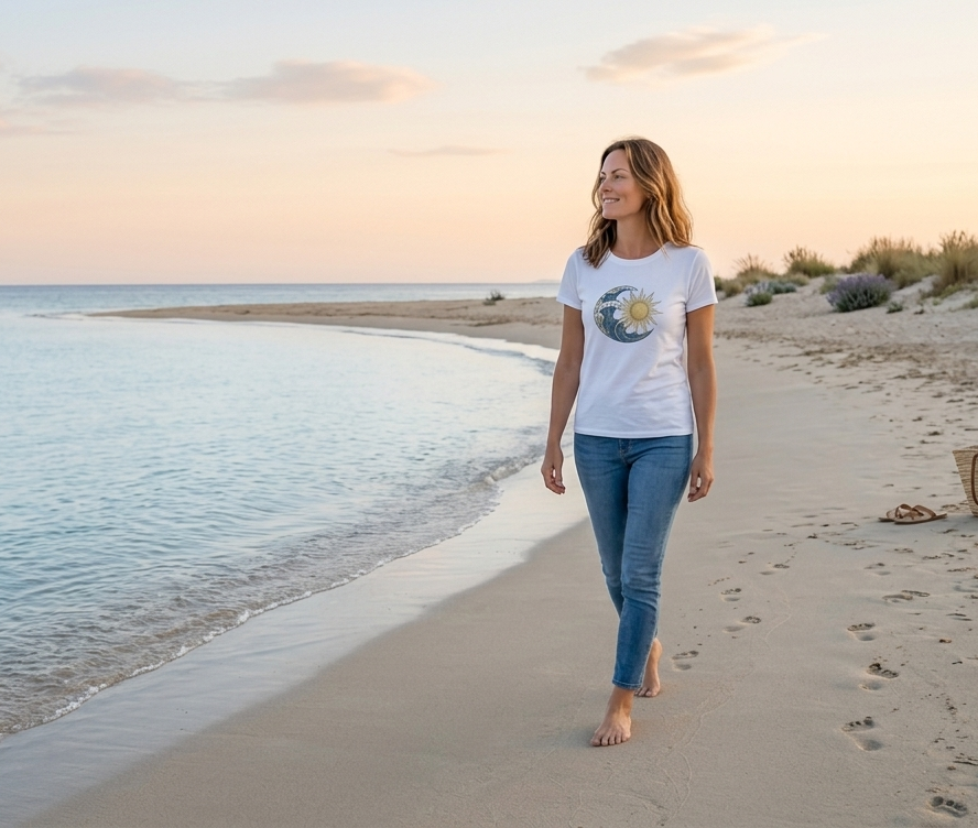 Women's Graphic T-Shirt | Ocean Waves & Gold Sun Rays Celestial Design | 180 GSM Soft Combed Cotton Curved Fit Tee | Aesthetic Nature T-Shirt for Women