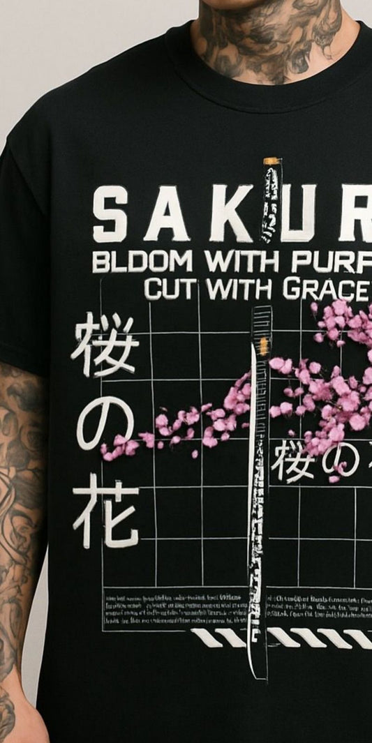 Sakura Katana Bloom Graphic T-Shirt – Japanese Anime Streetwear | Unisex Over-sized T-shirt | 100% Cotton
