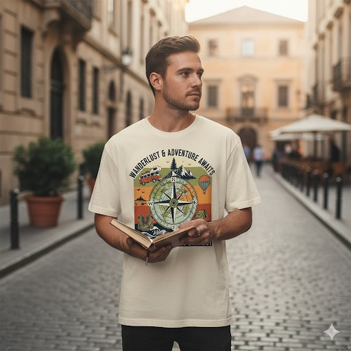 Adventure Awaits Graphic T-Shirt | Wanderlust & Travel Vibes for Men | Explore, Discover & Journey Tee