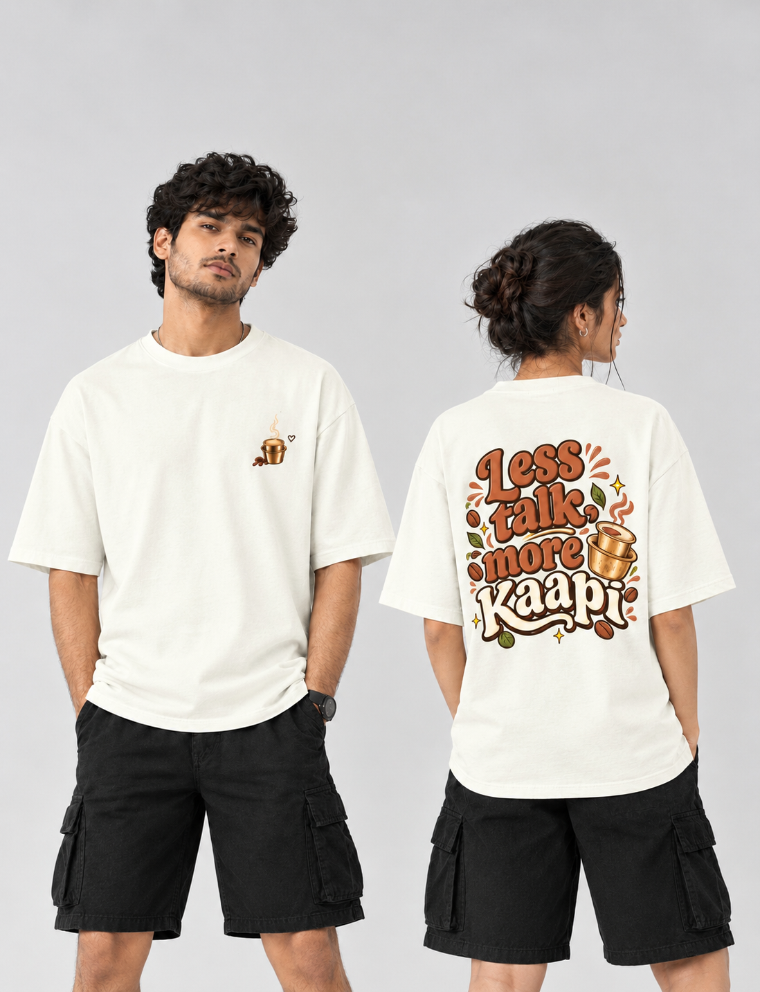 Less Talk More Kaapi Graphic Print T-Shirt | Oversized Fit | 100% Cotton | Unisex Casual Wear | Round Neck | Soft & Breathable Fabric