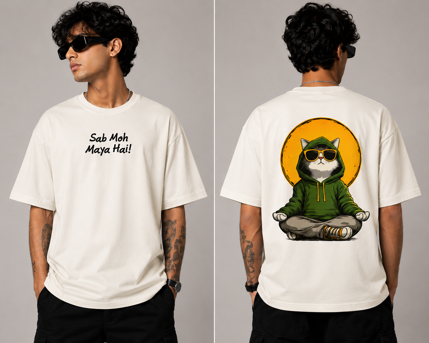 Sab Moh Maya Hai "Exclusive" Oversized T-Shirt for Men | Cool Meditating Cat Graphic Back Print