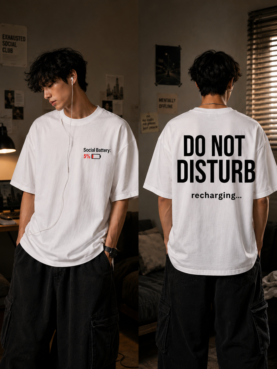 Social Battery 5% Oversized T-Shirt | Do Not Disturb | Graphic T-Shirt for Men & Women | Pure Cotton