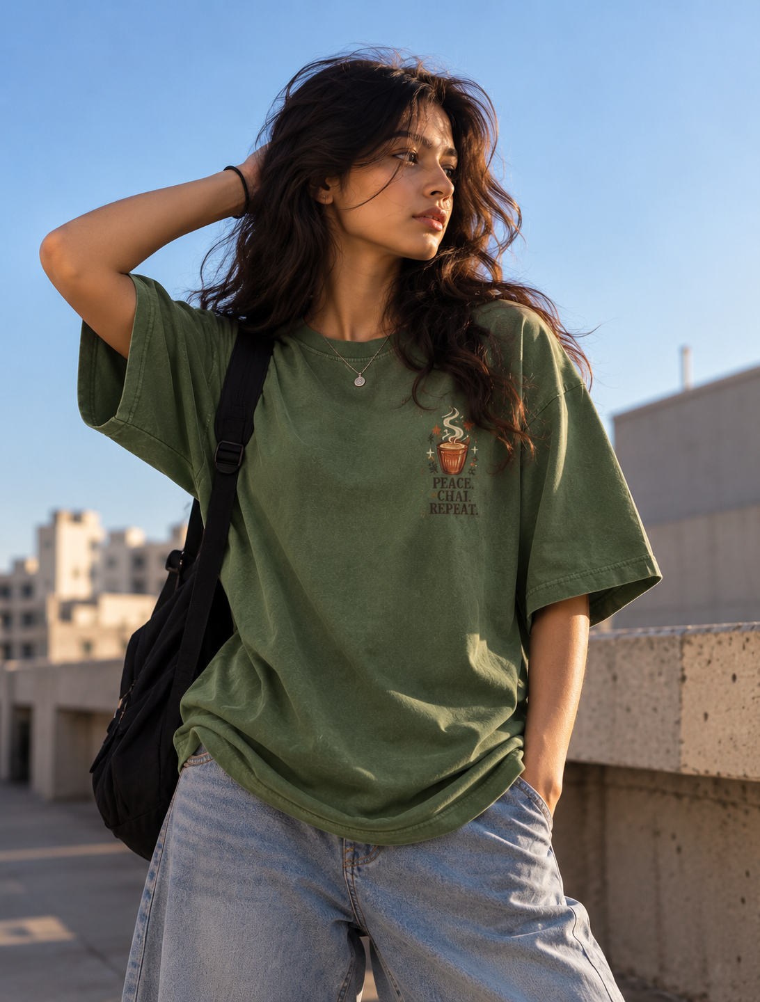 Peace. Chai. Repeat. — Forest Green Oversized Graphic T-Shirt