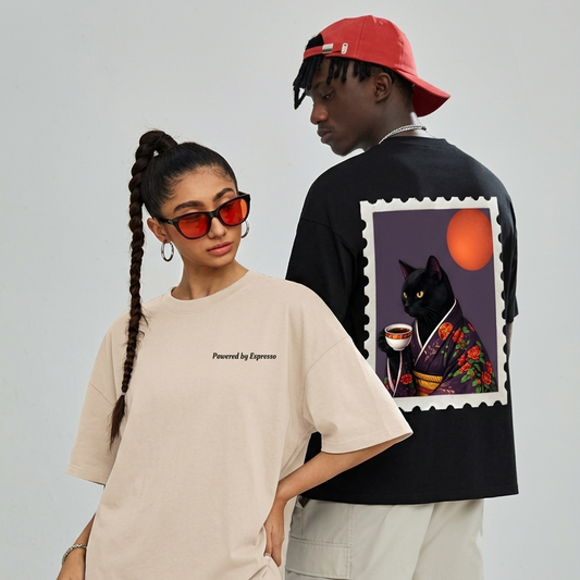 Powered by Espresso – Cat Lover Unisex Oversized T-Shirt 100% Cotton Graphic Tee | Drop Shoulder Aesthetic Streetwear