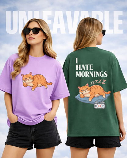 Unleavables I Hate Mornings Oversized Unisex Cat T-Shirt