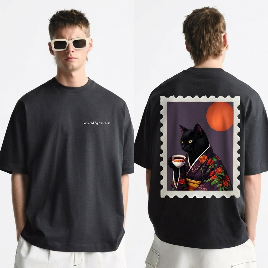 Powered by Espresso – Cat Lover Unisex Oversized T-Shirt 100% Cotton Graphic Tee | Drop Shoulder Aesthetic Streetwear