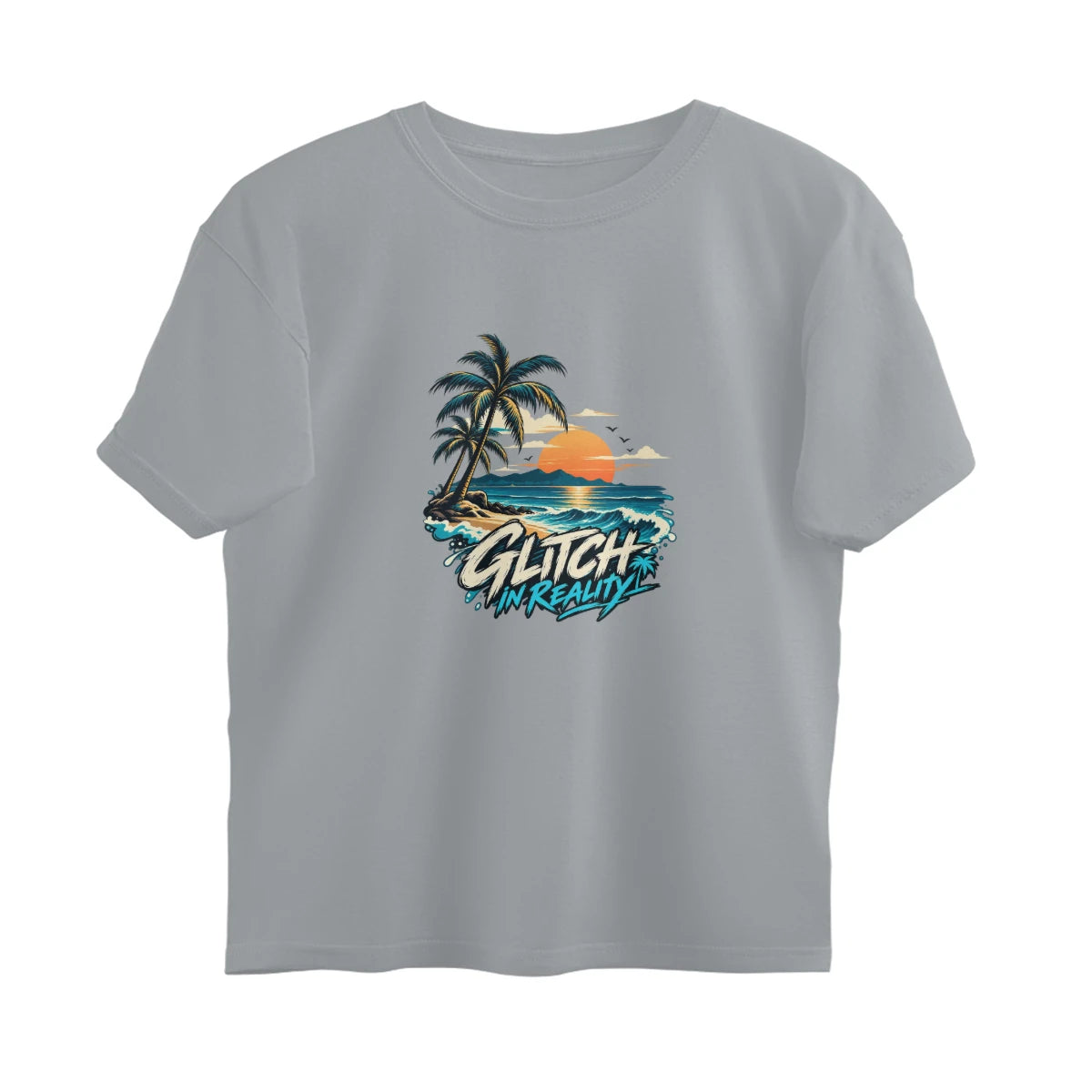 Tropical Escape - Oversized Black Graphic T-Shirt - Silver Frost