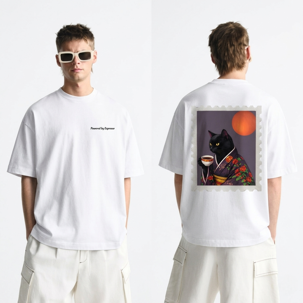 Powered by Espresso – Cat Lover Unisex Oversized T-Shirt 100% Cotton Graphic Tee | Drop Shoulder Aesthetic Streetwear