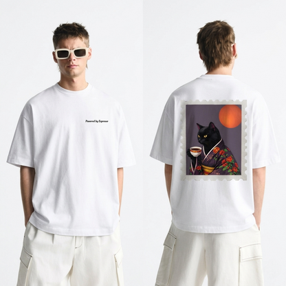 Powered by Espresso – Cat Lover Unisex Oversized T-Shirt 100% Cotton Graphic Tee | Drop Shoulder Aesthetic Streetwear