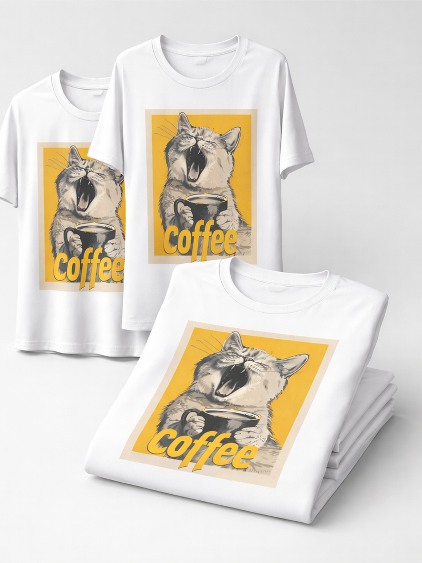 T shirt with Cat having coffee print