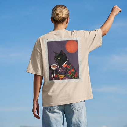 Powered by Espresso – Cat Lover Unisex Oversized T-Shirt 100% Cotton Graphic Tee | Drop Shoulder Aesthetic Streetwear