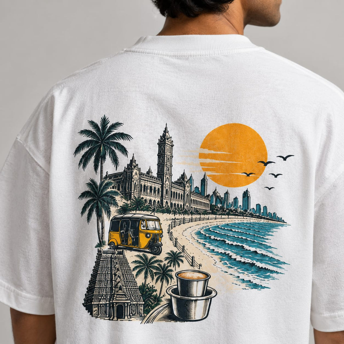 Unleavables Oversized Unisex T-Shirt – Chennai Marina Beach – White – 100% Cotton