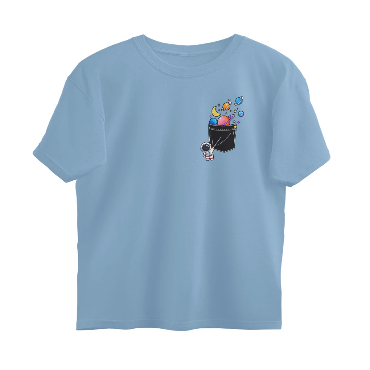 Space Theme T-Shirt , Unisex, Breathable Cotton Material - Baby Blue