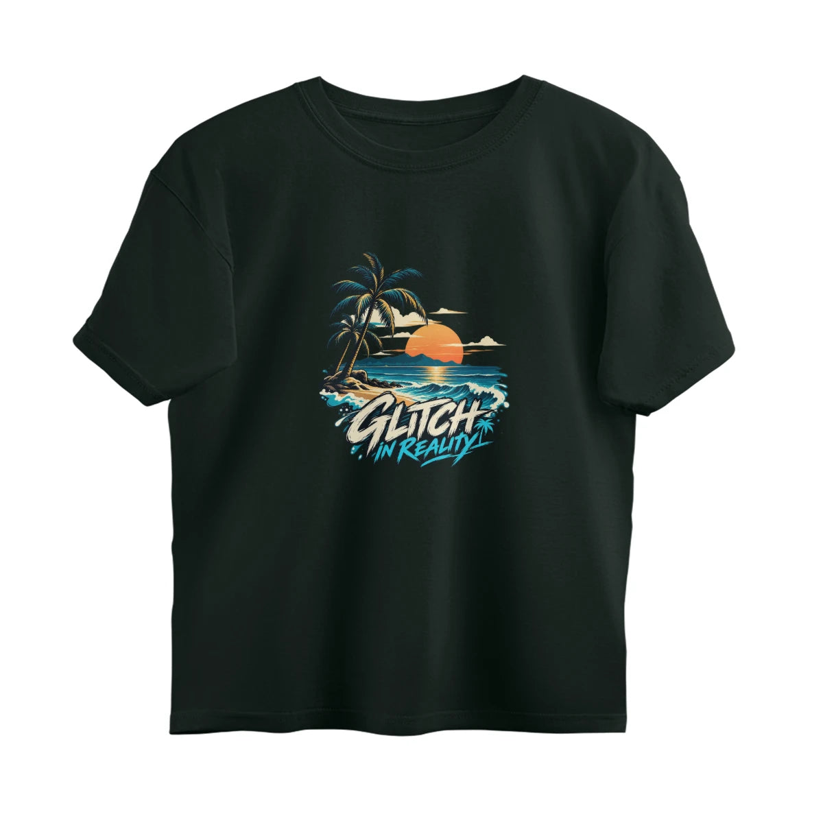 Tropical Escape - Oversized Black Graphic T-Shirt - Bottle Green