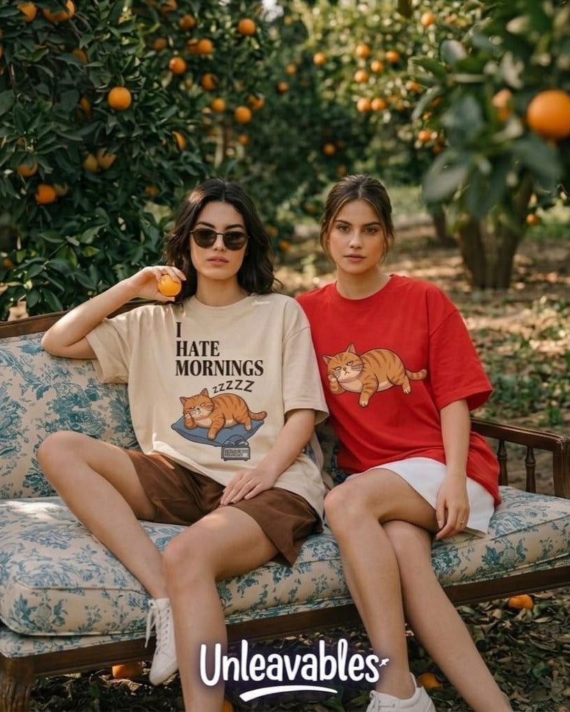 Unleavables I Hate Mornings Oversized Unisex Cat T-Shirt