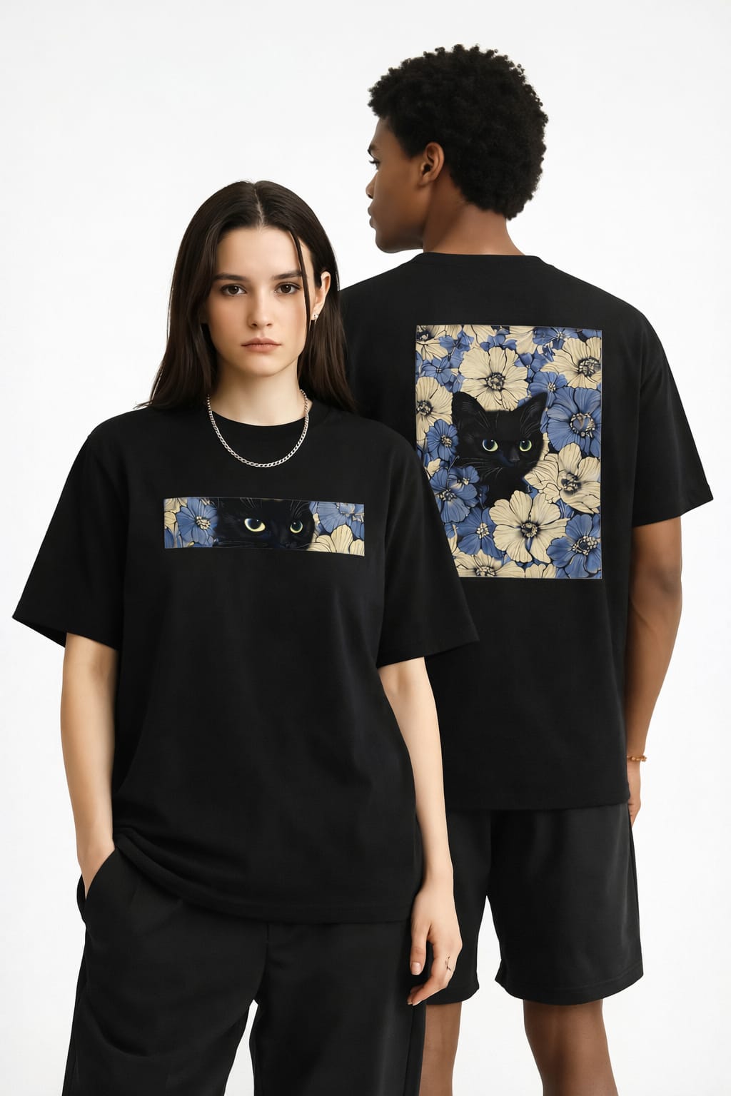 Black Cat Floral Graphic Oversize Unisex T-Shirt - Black