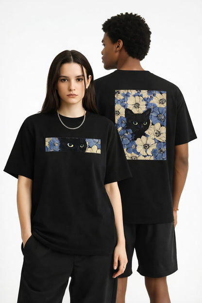 Black Cat Floral Graphic Oversize Unisex T-Shirt - Black
