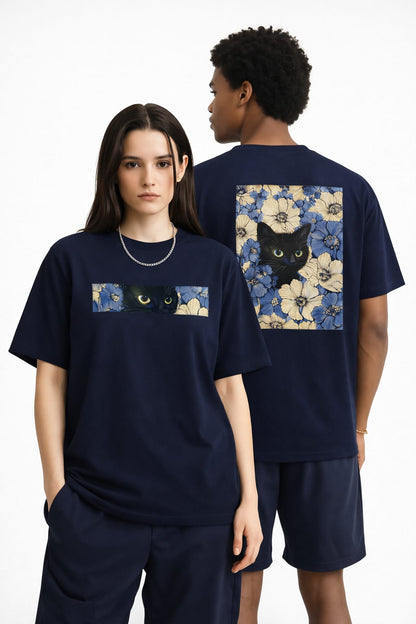 Black Cat Floral Graphic Oversize Unisex T-Shirt - Blue