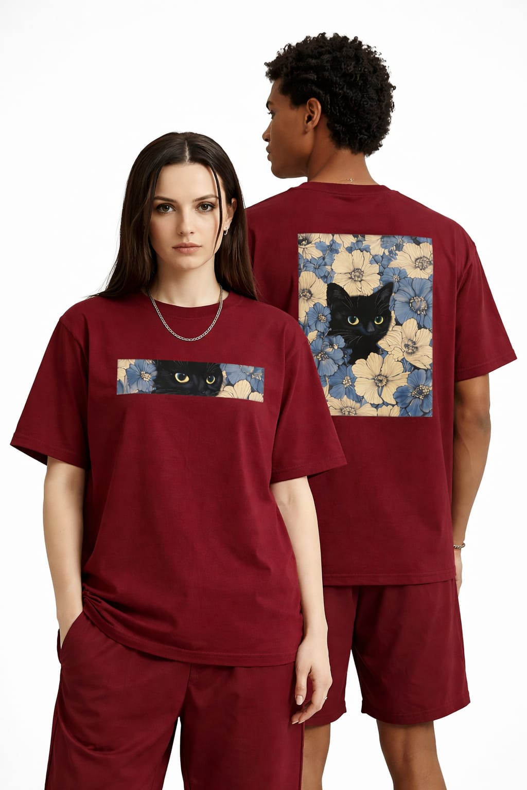 Black Cat Floral Graphic Oversize Unisex T-Shirt - Red