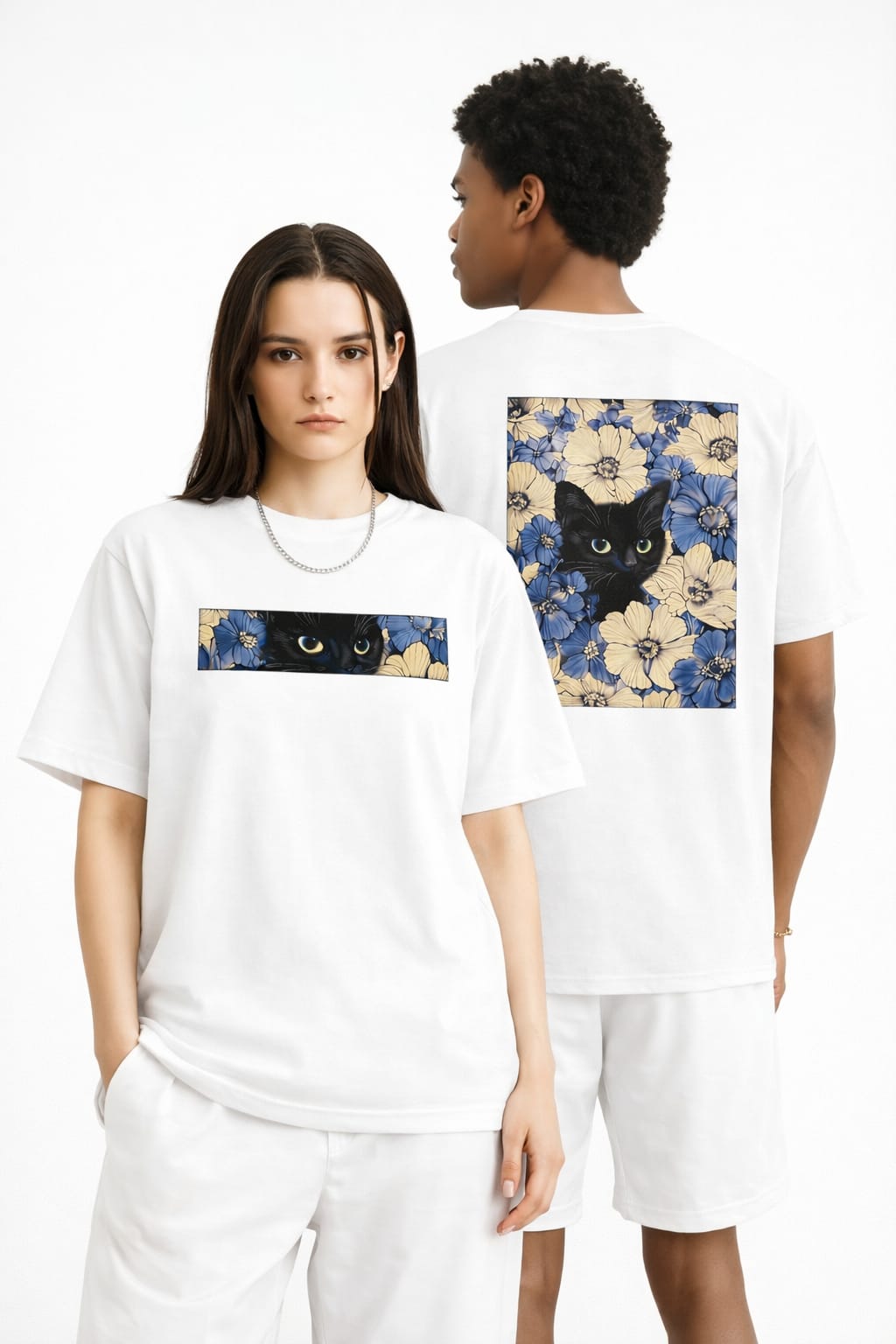 Black Cat Floral Graphic Oversize Unisex T-Shirt - White