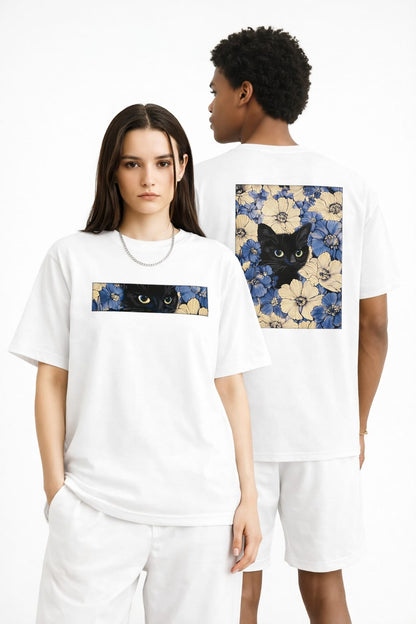 Black Cat Floral Graphic Oversize Unisex T-Shirt - White
