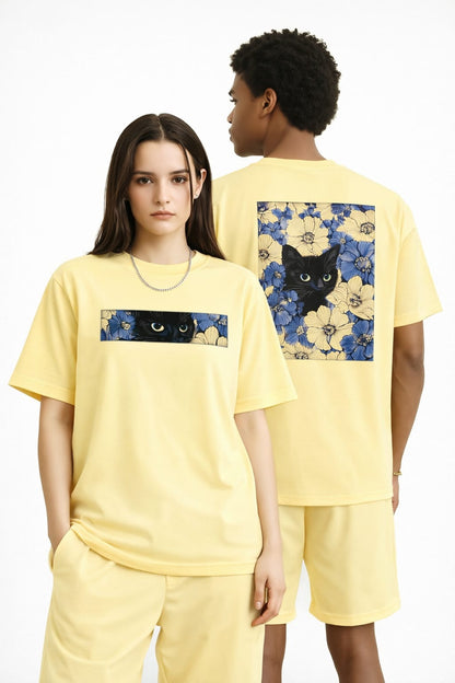 Black Cat Floral Graphic Oversize Unisex T-Shirt - Yellow