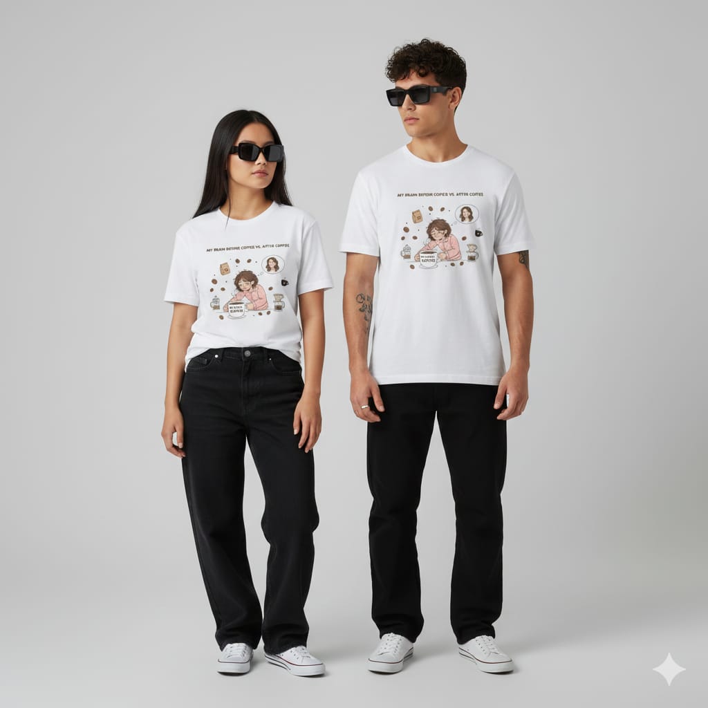 My Brain Before vs. After Coffee – Unisex Half Sleeve T-Shirt (Coffee Lover Edition)