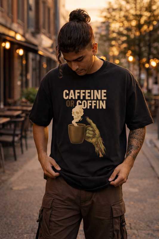 Caffeine or Coffin Premium Oversized T-Shirt | Gothic Horror Coffee Meme | 100% Cotton | Unisex Graphic Tee Description
