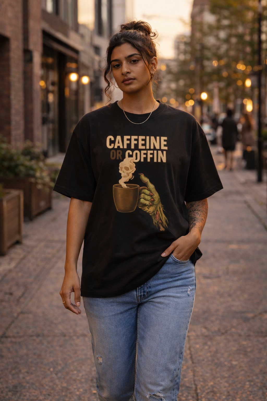 Caffeine or Coffin Premium Oversized T-Shirt | Gothic Horror Coffee Meme | 100% Cotton | Unisex Graphic Tee Description