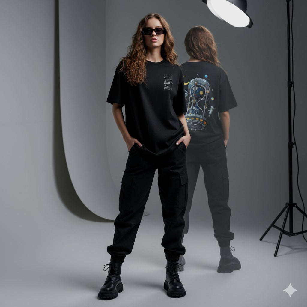 Unleavables Unisex Oversized Graphic T-Shirt “I Need More Space” Front Print & Astronaut Cosmic Hourglass Back Design | 100% Cotton Streetwear Tee