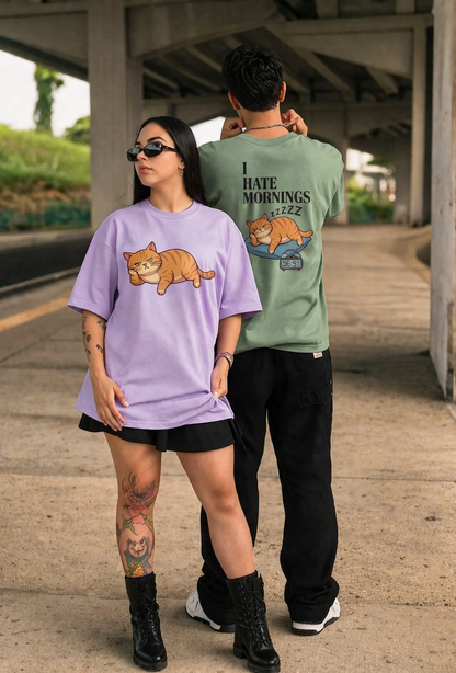 Unleavables I Hate Mornings Oversized Unisex Cat T-Shirt
