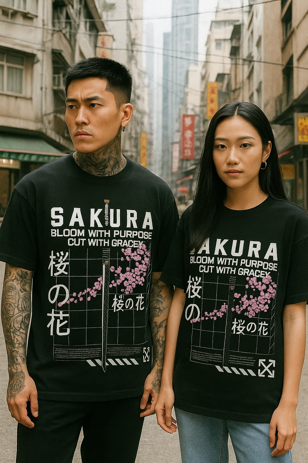 Sakura Katana Bloom Graphic T-Shirt – Japanese Anime Streetwear | Unisex Over-sized T-shirt | 100% Cotton