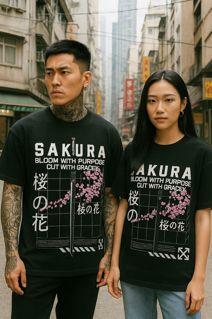 Sakura Katana Bloom Graphic T-Shirt – Japanese Anime Streetwear | Unisex Over-sized T-shirt | 100% Cotton