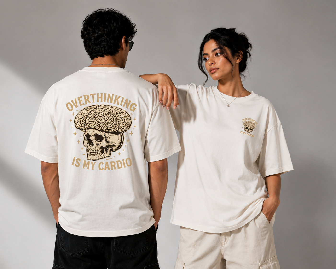 Unleavables Oversized Graphic T-Shirt for Men & Women – Overthinking Is My Cardio Skull Print – Premium Cotton Casual T-Shirt