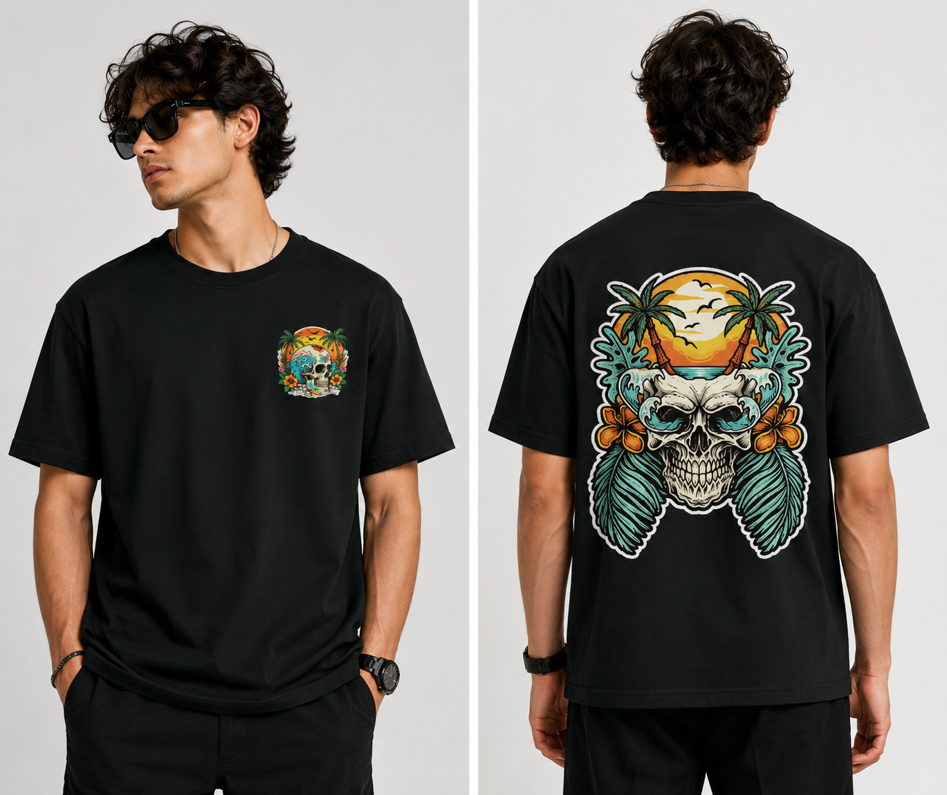 Beach Skull Graphic Tee for Men | Bottle Green, Royal Blue & Black Oversized T-Shirt
