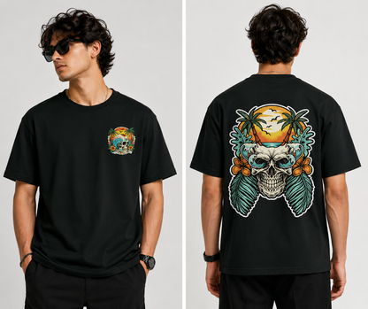 Beach Skull Graphic Tee for Men | Bottle Green, Royal Blue & Black Oversized T-Shirt